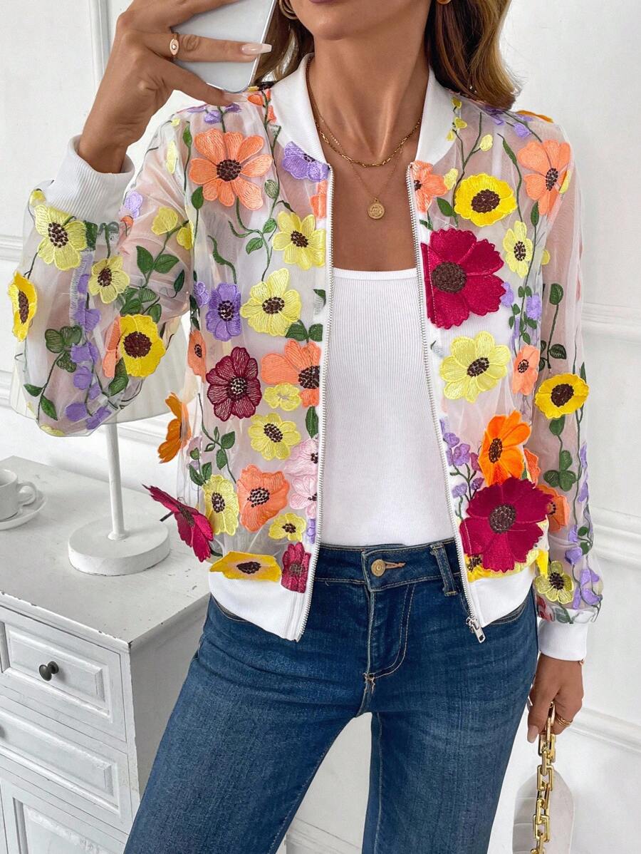 SHEIN Clasi 优雅精致轻盈蕾丝短款女式夹克，初秋 - 彩色 - 查看 1