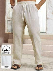 Palmeraft Men's Solid Color Drawstring Waist Pocket Cotton Linen Casual Pants , Fall - Khaki - View 3