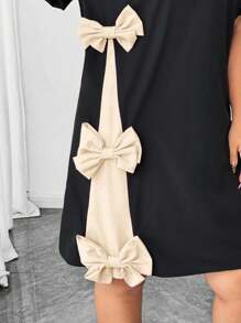 Auvina 大码夏季优雅拼色蝴蝶结装饰连衣裙 - 杏色 - 查看 4