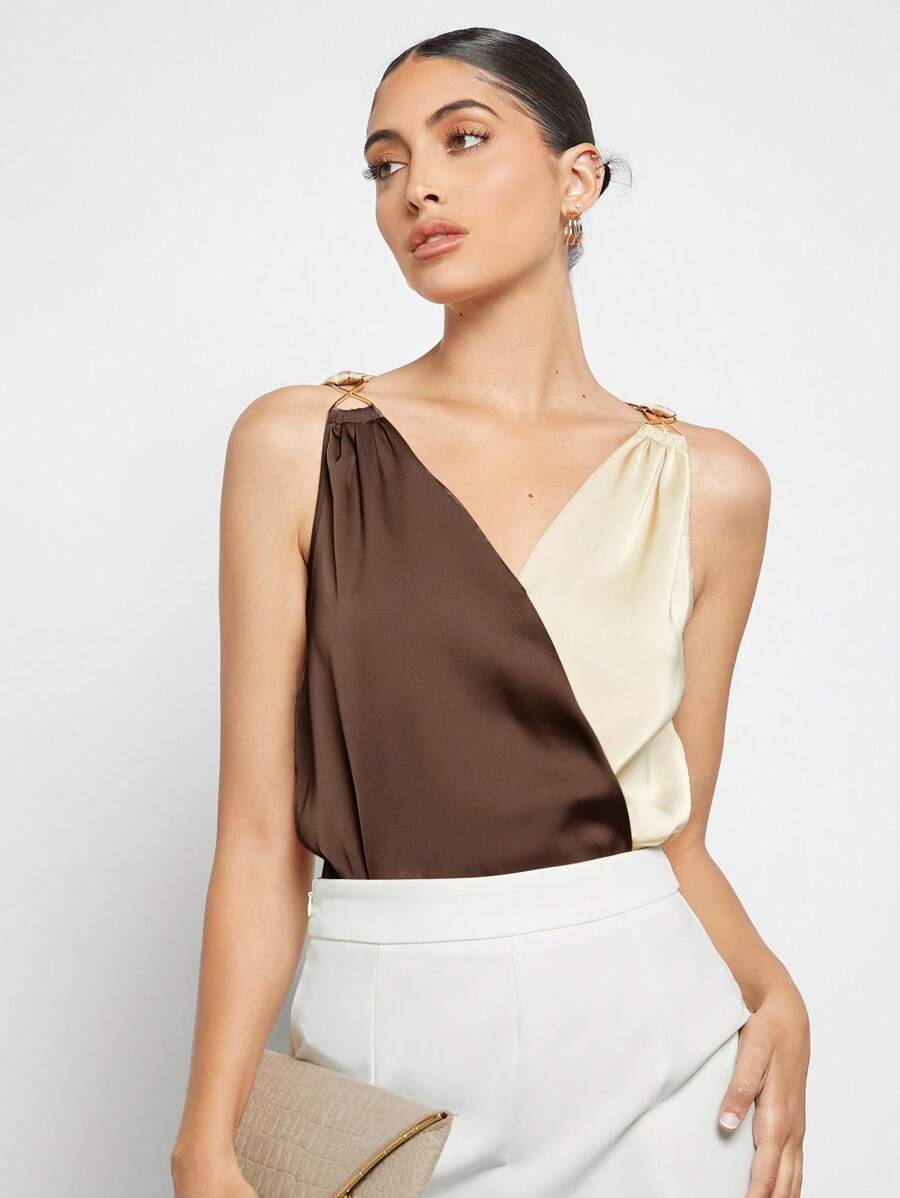 BizChic 女士纯色拼布金属装饰休闲衬衫，简约都市通勤基本款，简约时尚优雅商务休闲女士装，适合教师、办公室、婚礼、音乐会