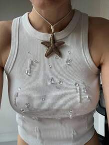 Siren Gaze Femmes Nouveau débardeur de mode d'été à col rond, couleur unie, orné de strass