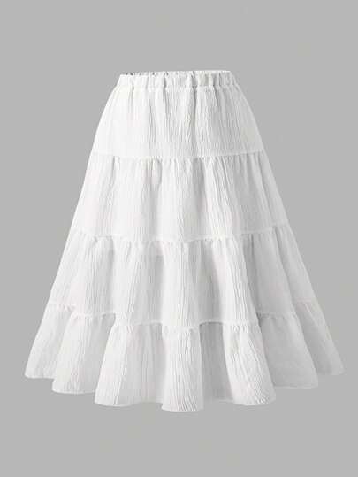 Young Girl Summer Solid Color Textured Elastic Waist Skirt Fall Winter