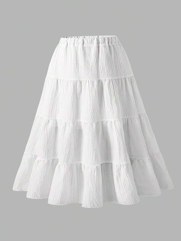 Young Girl Summer Solid Color Textured Elastic Waist Skirt Fall Winter