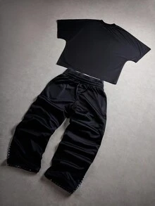 Manfinity EMRG Crew Neck Batwing Sleeve Cropped T-Shirt + Double-Headed Waist Sweatpants - A0094-XP , Men Street Wear Sets , Graphic Print Matching Set , Men Rave Outfit , Men Y2k Clothes , Men Graphic Print Set - Black - View 7