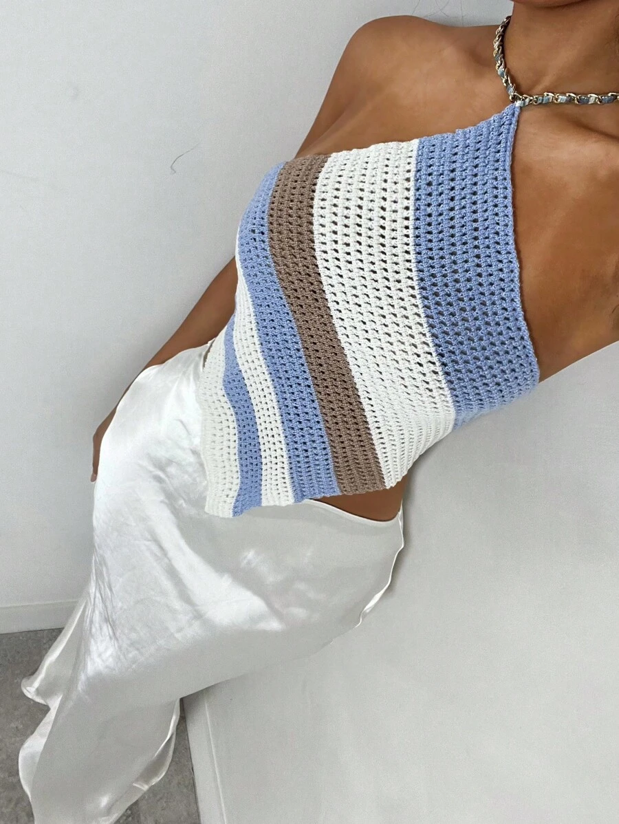 SHEIN PETITE 春夏海滩风格格子条纹露背系带蝴蝶结女士针织毛衣上衣 - 彩色 - 查看 1