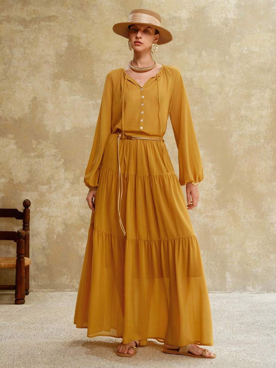 Revavyn Revavyn Áo sơ mi nữ bằng vải chiffon thanh lịch tay phồng, cài cúc, thắt nơ phía trước, thích hợp mặc đi làm, đi nghỉ mát, áo dễ thương, áo sơ mi cài cúc, phong cách boho, áo kiểu rộng rãi, phong cách Nashville, trang phục nghỉ dưỡng, trang phục công sở, trang phục mùa thu, phong cách cổ điển thường ngày mùa xuân. - Màu vàng - Xem 1