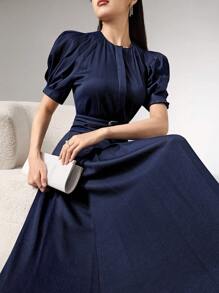Heiryn Round Neck, Raglan Sleeve, Short Sleeve, Waist Cinched, Elegant Korean Style Office Dress - Navy Blue - View 3