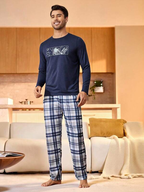 Manfinity Underwear&Sleepwear Basics 2pcs Men's Printed Crew Neck Long Sleeve Top & Plaid Pants Casual Loungewear Set