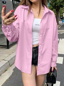 INAWLY 时尚百搭纯色休闲宽松女式长袖衬衫 - 粉色 - 查看 5