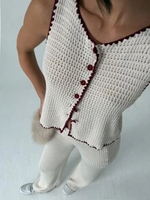 Aloruh 2pcs Women Contrast Color Knitted Vest Sweater + Straight Wide Leg Contrast Color Knitted Pants Set, Early Autumn - Multicolor - View 1