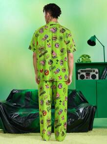 MADBALLS X SHEIN 男士夏季全印花翻领短袖衬衫和裤子家居服套装