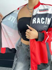 Flirla 复古街头户外立领字母印花机车夹克，女式春秋棒球外套 - 彩色 - 查看 7