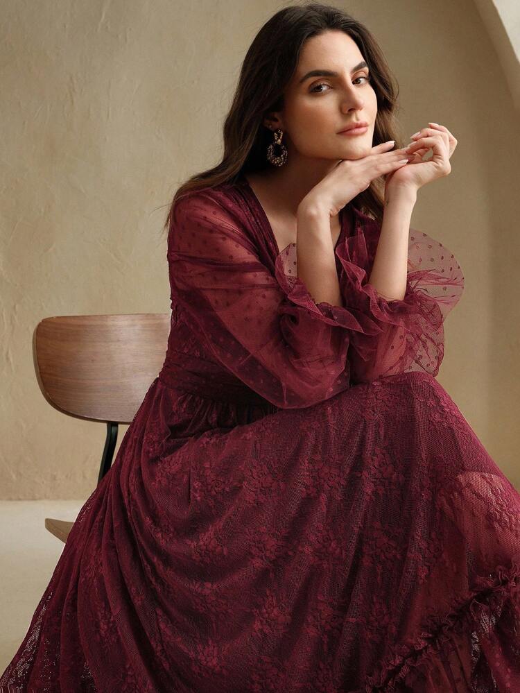 Women's Elegant Christmas & New Year Date Romantic V-Neck Lace, Polka Dot, Mesh Patchwork Ruffle Sleeve Long Sleeve Dress