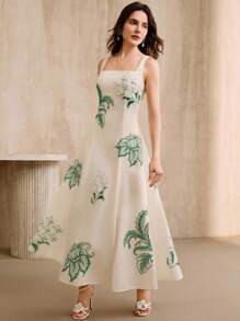 Anewsta 女士优雅花卉印花细肩带连衣裙 - 綠色 - 查看 3