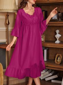 Women's 3D Embroidery 2 In 1 V-Neck 3/4 Sleeve Ruffle Hem Nightgown, Moo Moo, Fall, Winter