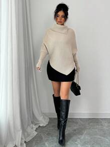 SHEIN PETITE Women's Elegant Versatile Holiday Vacation Batwing Asymmetrical High Neck Knit Sweater, Suitable For Autumn/Winter Knit Pullover Fall - Apricot - View 5