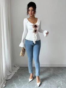 SHEIN LUNE 女士白色 V 领荷叶边针织毛衣，时尚长款喇叭袖套头衫秋冬 - 白色 - 查看 5