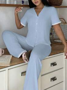 SHEIN 2pcs Women Casual Contrast Color Loungewear Set Outfit - Multicolor - View 7