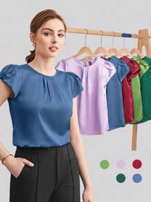 SHEIN BIZwear 女士纯色圆领褶裥装饰蝙蝠袖宽松短袖衬衫，优雅办公休闲衬衫，女士基础款上衣 - 藍色 - 查看 3