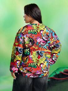 MADBALLS X SHEIN Plus Size Casual Daily Letter & Cartoon Graphic Dropped Shoulder Sweatshirt Graphic Sweatshirts Plus Size Sweatshirts Y2k Plus Size Clothes Graphic Sweatshirts Women Madballs Sweatshirt Going Out Tops Women Halloween Costumes Women Winter Fall Autumn - Multicolor - View 3