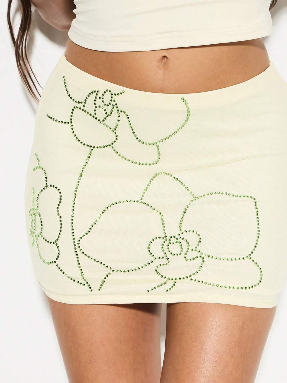 KIZN Rhinestone Floral Mini Skirt With Crystal Details