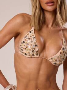 Musera Resort 金属珍珠纽扣闪光三角形比基尼上衣仅限海滩装伊比沙岛性感优雅波西米亚夏季度假节亮片