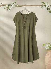 Rusticease 大码女式夏季休闲度假圆领短袖纯色军绿色口袋连衣裙 - 軍綠色 - 查看 3