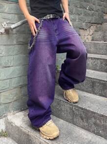 Manfinity EMRG 休闲时尚百搭阔腿纽扣个性男士牛仔裤 - 紫色 - 查看 4