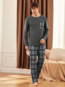SHEIN Men's Patchwork Pocket Long Sleeve Top And Plaid Long Pants Pajama Set, Fall Winter Clothes - Grey - View 8