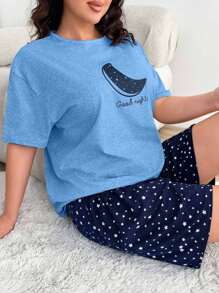 EURMUSE Plus Short Sleeve Moon With Lettered Short Sleeve And Contrast Colour Star Patten Wit H Lettuce Trim Shorts Homewear Pajama Set - Blue - View 1