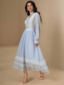 DAZY Conjunto de 2 piezas de blusa holgada de manga farol con cuello en V elegante y falda con parches de encaje, con bufanda, para primavera - Azul - Ver 6