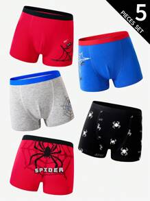 5pcs/Pack Teen Boy Minimalist Fashion Retro Cotton Colorful Spider Print Soft Comfortable Boxer Briefs Boys Boxers Briefs Packs, Back To School Fashion Boys Boxer Briefs Packs Back To School Fashion