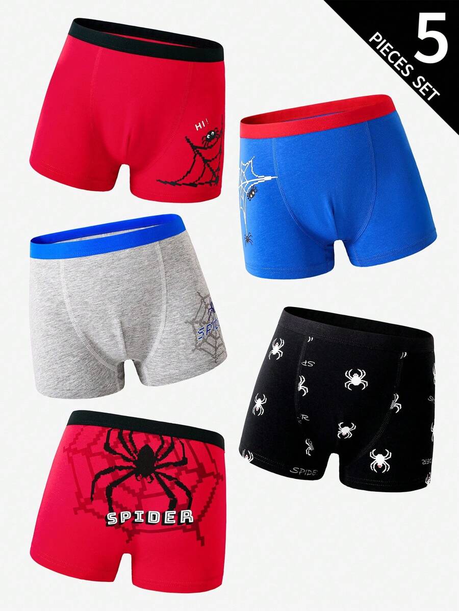 5pcs/Pack Teen Boy Minimalist Fashion Retro Cotton Colorful Spider Print Soft Comfortable Boxer Briefs Boys Boxers Briefs Packs, Back To School Fashion Boys Boxer Briefs Packs Back To School Fashion