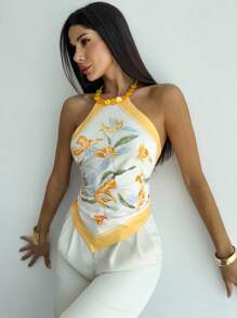 Firerie 女士优雅浪漫串珠花卉印花露背系带下摆吊带背心，适合海滩、派对、音乐节、日常穿着 - 彩色 - 查看 9