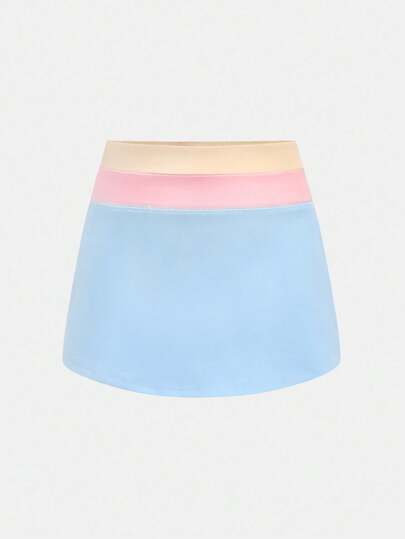 SHEIN 青少年女孩合身休闲简约舒适中腰拼色迷你裙运动服