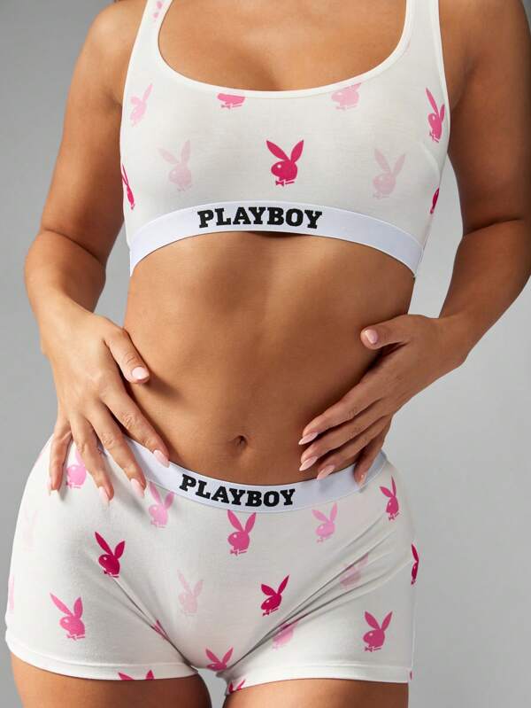 Missguided x Playboy Classic Bralette Boyshort Set With Bunny Print Design Pattern Soft Breathable Matching Underwear Set Loungewear Summer Spring Comfort