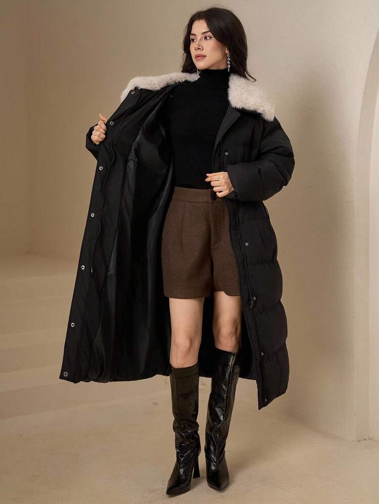 Mid-Length Patchwork Lapel Loose Fit Women Padded Coat