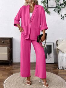 SHEIN Clasi Women's Linen-Like Casual Lapel NeckJacket And Pants Suit Set Powdered Rose Casual Outfits Spring Clothes For University Fall Cloth For Women