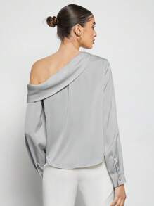 BizChic 春夏新款不对称设计褶皱肩部宽松长袖缎面衬衫，现代优雅都市通勤日常浪漫90年代复古风圣诞节新年情人节派对海滩毕业时尚嘉年华假日百搭简约浪漫风，适合婚礼宾客、主人、约会、派对、音乐会、早午餐、机场等多种场合。 - 灰色 - 查看 6