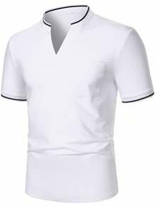 Manfinity Homme 男士休閒口袋通勤條紋短袖 Polo 衫，黑白配色拼接夏季度假上衣 - 白色 - 查看 4