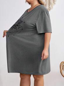 SHEIN CURVE+ Áo thun lễ hội âm nhạc cỡ lớn, Đầm tay ngắn cổ tròn màu trơn đơn giản và thoải mái cỡ lớn, thích hợp mặc vào mùa hè - Xám - Xem 7