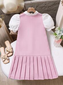 Tween Girl Puff Sleeve Pleated 2 In 1 Dress, Suitable For Casual Wear Back To School - Pink - View 3