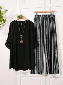 Rusticease 2 件套大码纯色 V 领短袖上衣和全身印花裤休闲度假装，适合夏季 - 黑色 - 查看 3