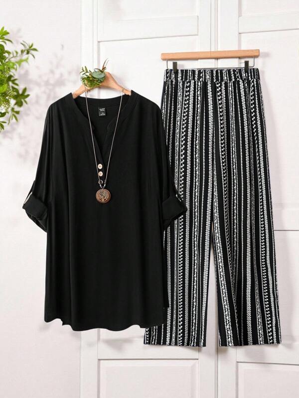 Rusticease 2pcs/Set Plus Size Solid V-Neck Short Sleeve Top And Allover Print Pants Leisure Vacation Outfit, For Summer,Holiday Outfits Boho
