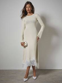 COSMINA 女式优雅喇叭袖不对称下摆蕾丝拼布毛衣裙，秋冬 - 卡其色 - 查看 3