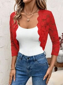 SHEIN Clasi Áo khoác ren ngắn màu trơn đơn giản cho mùa thu/đông - Đỏ - Xem 4