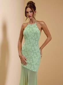 SHEIN BAE Đầm hở lưng lưới đan họa tiết màu xanh lá cây cho nữ, Đầm gợi cảm, Đầm ngày lễ, Thích hợp cho tiệc tùng, những dịp trang trọng vào mùa xuân/hè - màu xanh lá - Xem 3