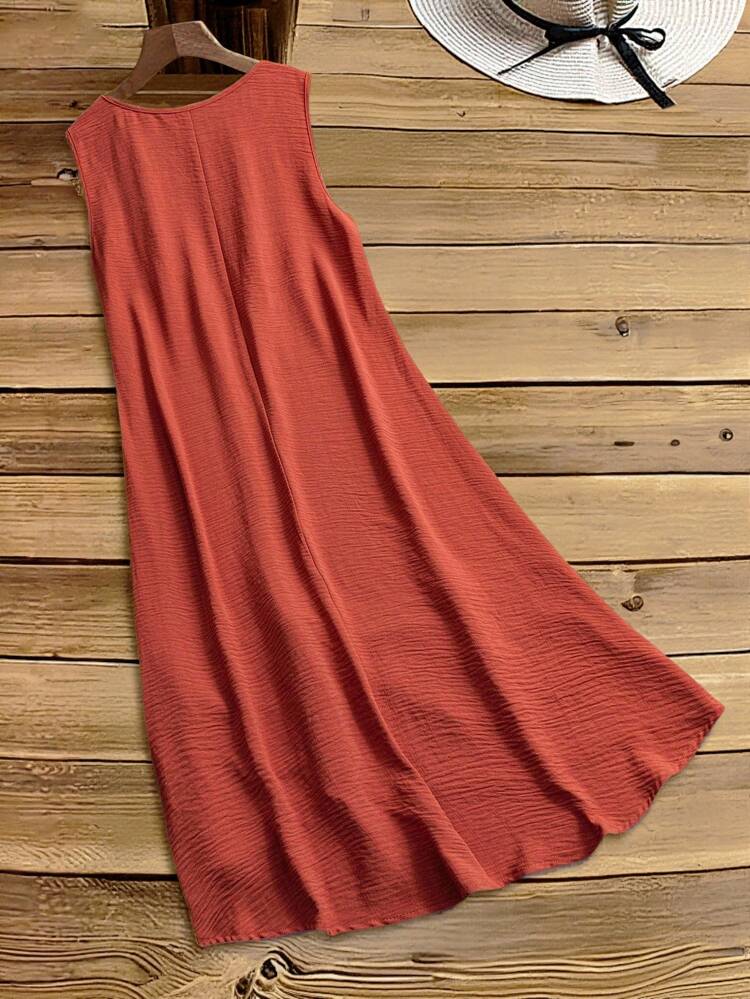 Plus Size Burning Orange Sleeveless Front Collar Pleated Design Double-Layer Ruffle Hem Splicing Front Short Back Long Loose Round Neck A-Line Dress Country Vacation Bohemian Suitable For Spring And Summer Tunic