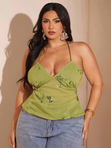 SHEIN BAE Top de tirantes finos con textura jacquard de color verde sólido para mujer de talla grande, para vacaciones, top de jacquard sin espalda con lazo delantero, para fiesta de cumpleaños, otoño, Halloween, conciertos, salir, formal