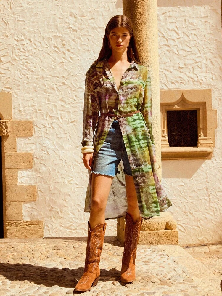 SHEIN Maija Farbenfroher Tierprint Hemdkragen Langarm Loose Fit Taillenbindung Midi Kleid, Chiffon Stoff Boho Stil für Lässig Ausflüge, Partys, Herbst